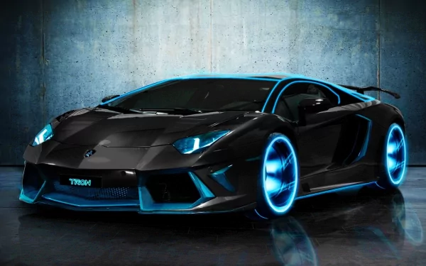 HD desktop wallpaper featuring a Lamborghini Aventador with glowing blue neon accents, set against an industrial backdrop.