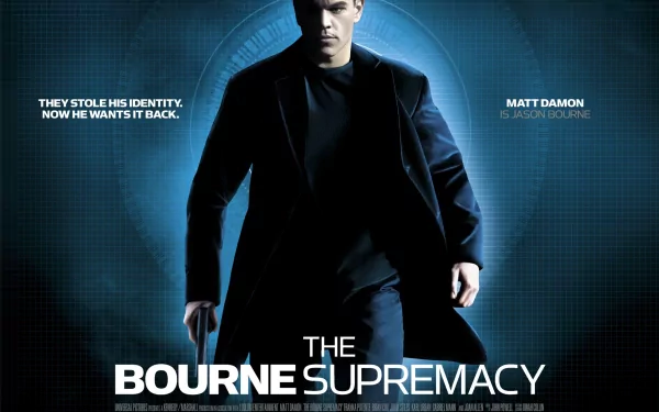 HD desktop wallpaper of The Bourne Supremacy featuring the central character in a dramatic pose with a blue-toned background.
