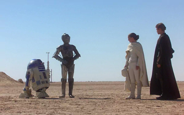 HD wallpaper featuring R2-D2, C-3PO, Padmé Amidala, and Anakin Skywalker from Star Wars Episode II: Attack of the Clones.
