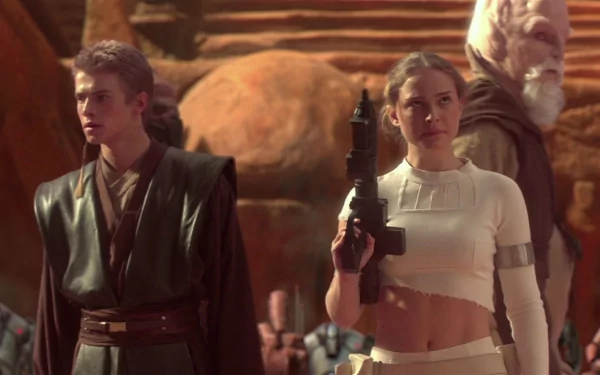 HD wallpaper featuring characters from Star Wars Episode II: Anakin Skywalker and Padmé Amidala, portrayed by Hayden Christensen and Natalie Portman.