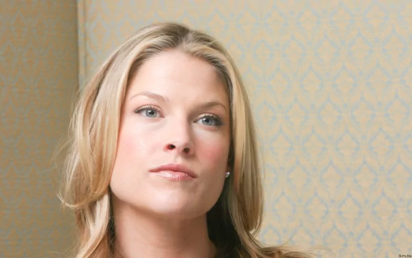 HD PC desktop wallpaper featuring a close-up portrait of celebrity Ali Larter with a neutral expression and subtle patterned background.
