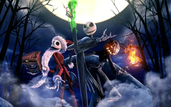 A vibrant HD desktop wallpaper featuring Jack and characters from *The Nightmare Before Christmas*, set against a haunting moonlit background with eerie trees.