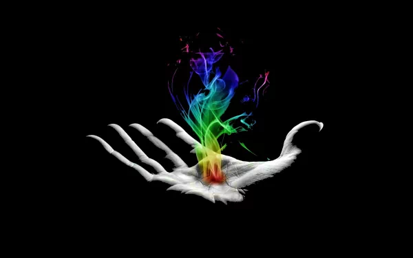 Abstract smoke in vibrant rainbow colors rising from an open hand against a black background, designed as an HD PC desktop wallpaper and background.