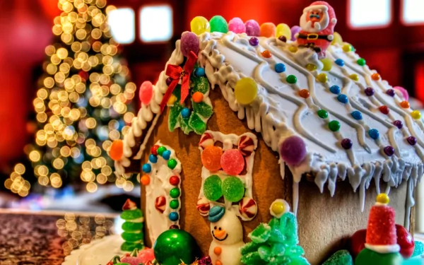 A festive gingerbread house adorned with colorful candies, set against a warm, holiday backdrop with a twinkling Christmas tree, creating a cheerful holiday atmosphere.