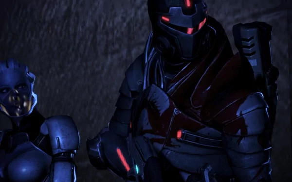 HD PC desktop wallpaper featuring characters from the video game Mass Effect 3, showcasing a dark, intense sci-fi atmosphere with armored figures and glowing red accents.