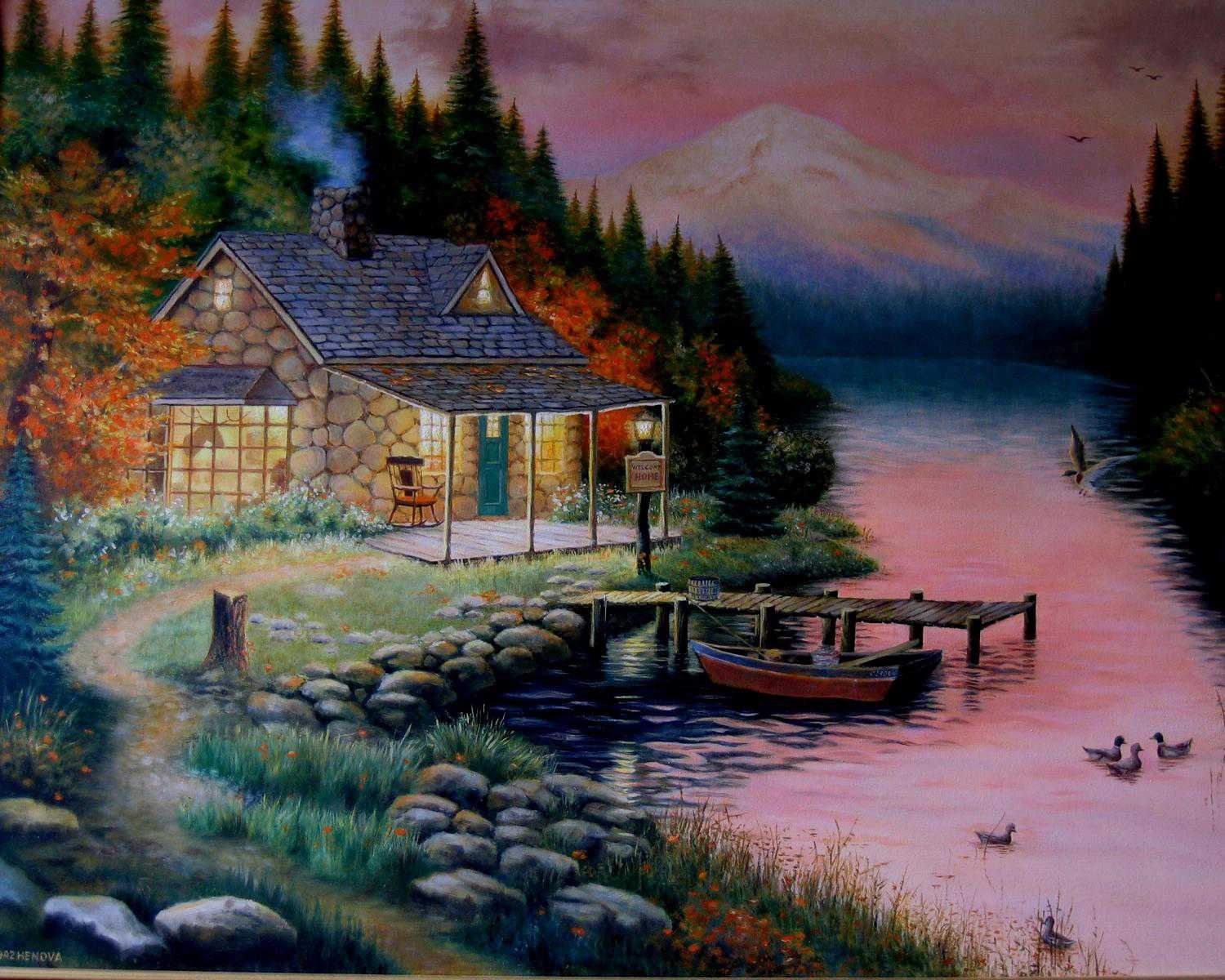 Artistic HD PC desktop wallpaper featuring a serene landscape with a cozy stone cabin, calm river, wooden dock, rowboat, and a colorful mountain backdrop at dusk.