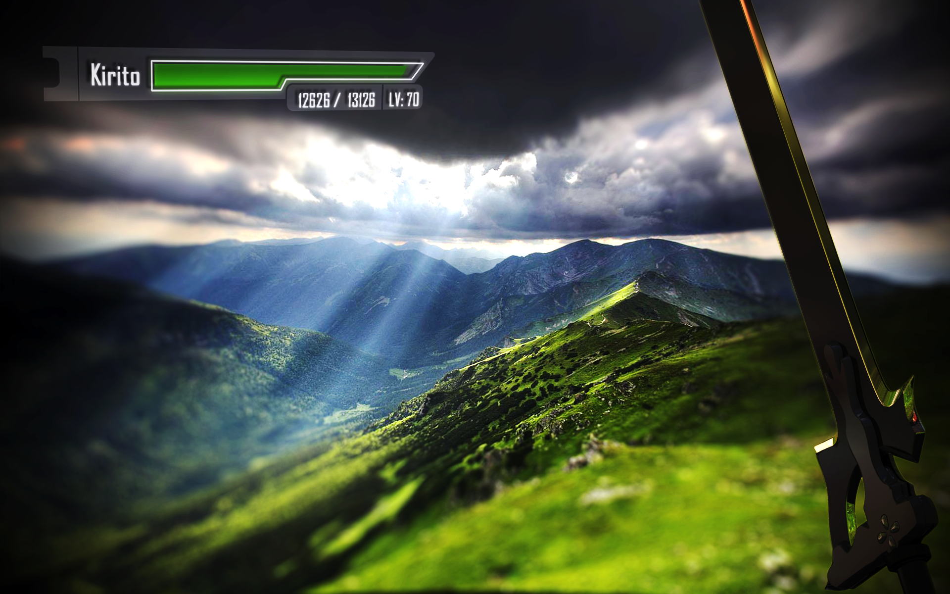 HD desktop wallpaper featuring a lush green landscape with dramatic clouds and light rays, alongside a sword and a status bar, inspired by Sword Art Online and the character Kirito.