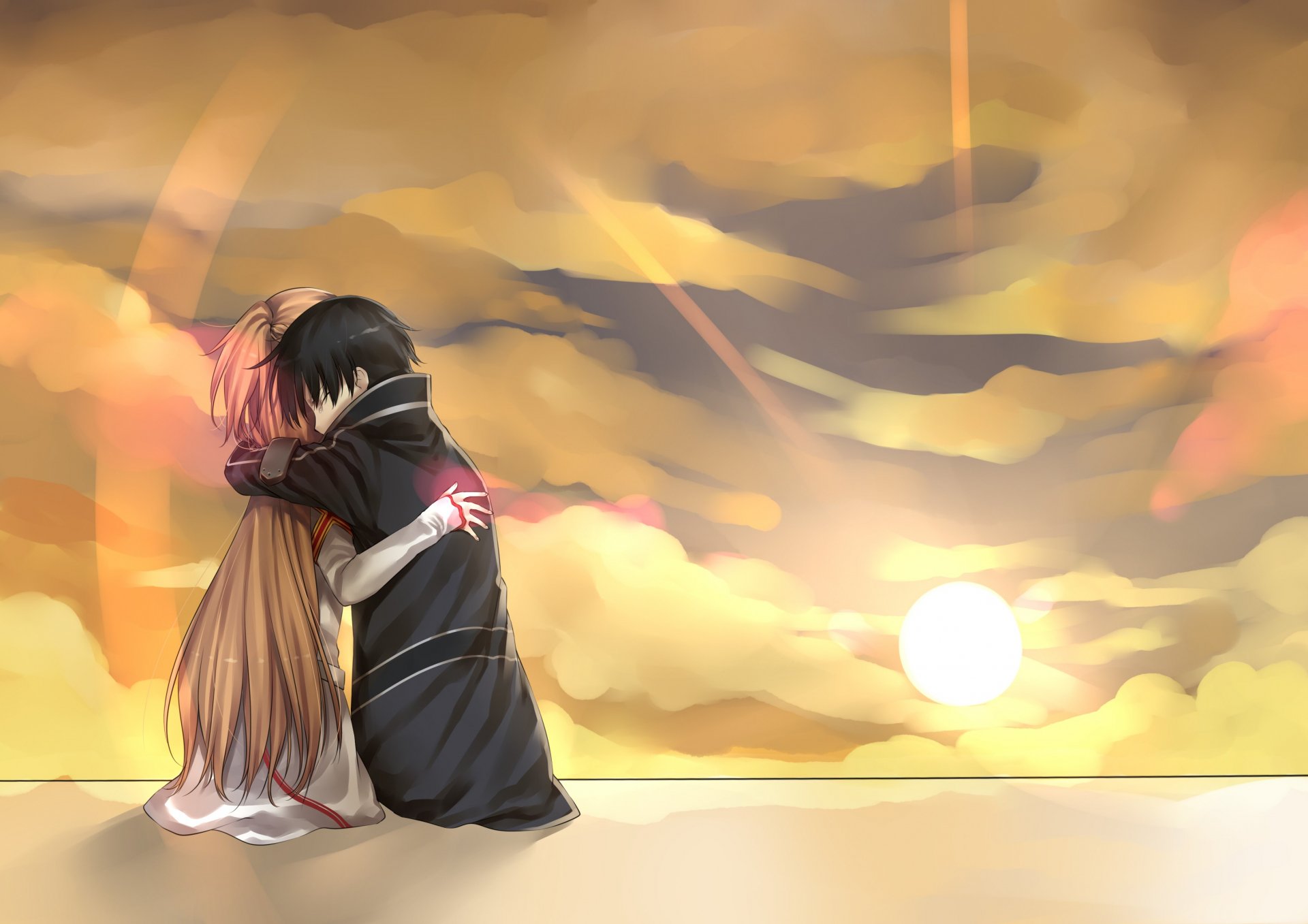 Kirito and Asuna Yuuki embrace against a beautifully lit sunset backdrop in this vibrant HD wallpaper from Sword Art Online, capturing a touching moment between the beloved characters.