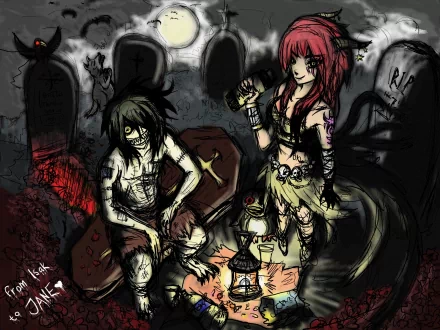 HD anime Halloween wallpaper featuring a scary zombie and a red-haired girl in a graveyard with tombstones, eerie shadows, and dark, spooky atmosphere.