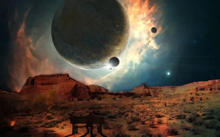 HD PC desktop wallpaper and background: sci-fi landscape of arid mesas and desert foreground beneath a massive planet and moons amid glowing nebula and distant stars.