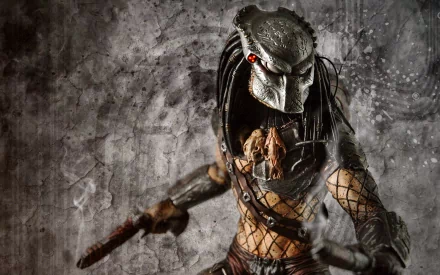 HD PC desktop wallpaper featuring a sci-fi Predator character with wolf-like elements, detailed armor, and glowing red eyes against a textured, dark background.