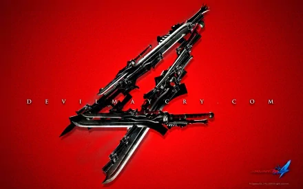 HD desktop wallpaper of Devil May Cry 4, featuring a stylized red background with guns and swords forming the number 4.