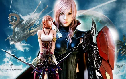A striking HD wallpaper featuring Serah Farron and Lightning from Lightning Returns: Final Fantasy XIII, showcasing their iconic designs against a vibrant, dynamic background.