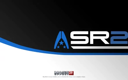 HD PC desktop wallpaper for the video game Mass Effect 3 showing a minimalist SR2 logo and Alliance insignia on a sleek black, white and blue curved background.