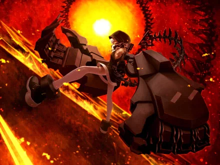 HD anime desktop wallpaper featuring Strength from Black Rock Shooter in a dynamic battle scene with fiery, intense red and orange tones.
