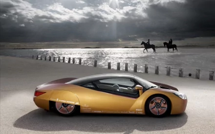 HD desktop wallpaper featuring a sleek Rinspeed concept car on a sandy beach with two riders on horseback silhouetted against a cloudy sky.
