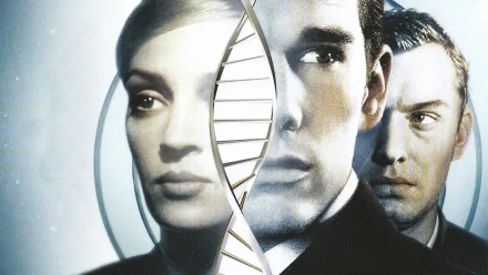 HD desktop wallpaper and background featuring a promotional image for the film Gattaca with portraits of the main characters.