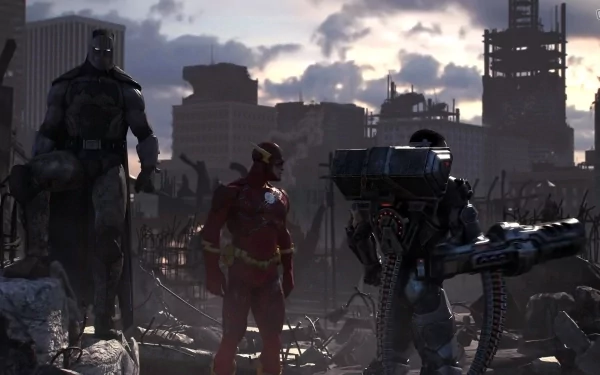 Batman, Flash and Cyborg (DC Comics) stand in a ruined skyline at dusk — HD PC desktop wallpaper from the DC Universe Online video game.