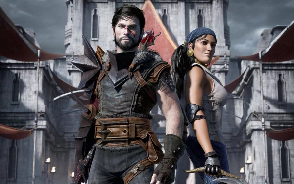 HD PC desktop wallpaper featuring two characters from the video game Dragon Age II standing confidently in front of a fortress-like structure.