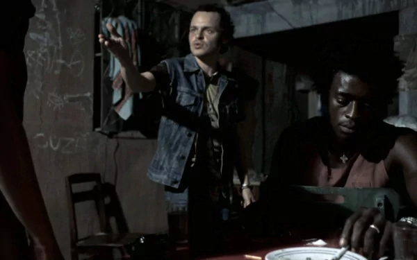 HD desktop wallpaper featuring a tense scene from the movie City of God, with two characters in a dimly lit room.