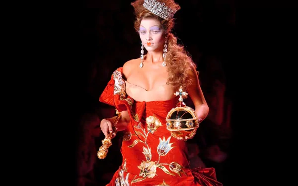 HD PC desktop wallpaper of a woman in an ornate red gown and jeweled crown, holding a scepter and orb against a dark background.