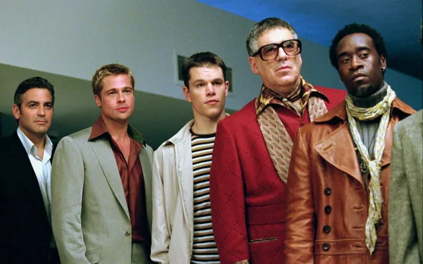 HD wallpaper of 'Ocean's Eleven' featuring George Clooney, Brad Pitt, Matt Damon, Don Cheadle, and Elliott Gould.