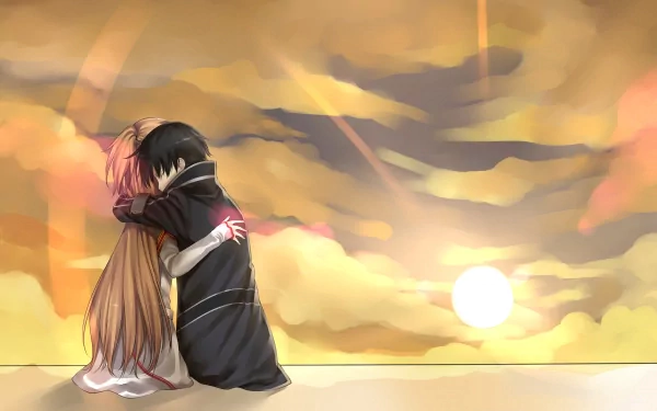 Kirito and Asuna Yuuki embrace against a beautifully lit sunset backdrop in this vibrant HD wallpaper from Sword Art Online, capturing a touching moment between the beloved characters.