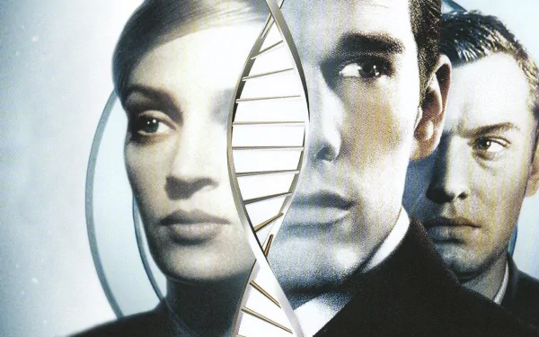 HD desktop wallpaper and background featuring a promotional image for the film Gattaca with portraits of the main characters.