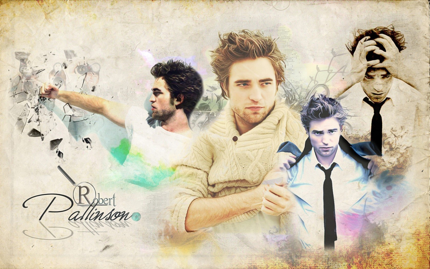 A vibrant HD desktop wallpaper featuring multiple artistic portraits of Robert Pattinson, showcasing his diverse looks and expressions in a creative composition.