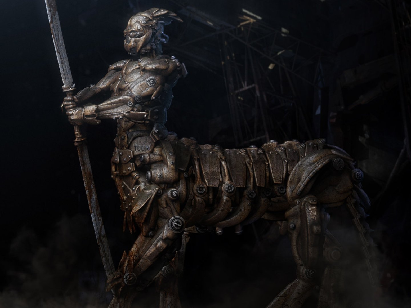 A detailed steampunk centaur warrior with intricate metallic armor and mechanical limbs in a dark, sci-fi industrial setting, presented as an HD PC desktop wallpaper.