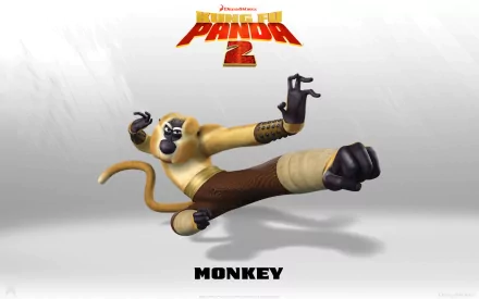 HD desktop wallpaper featuring Monkey from Kung Fu Panda 2 in a dynamic kung fu pose against a light background with the movie logo above.