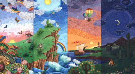 A vibrant artistic painting in HD, depicting a surreal landscape with different elements across day and night. The image is designed to be a desktop wallpaper and background.