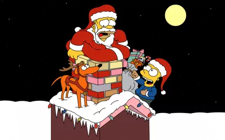 A festive HD wallpaper featuring Bart and Homer Simpson in Santa costumes, humorously stuck on a chimney with a dog, capturing the playful spirit of The Simpsons.