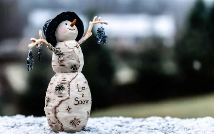 HD desktop wallpaper photograph of a snowman with twig arms and Let it Snow text, set against a blurred outdoor winter background.