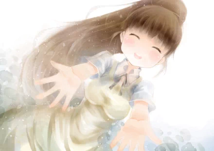 Popura Taneshima from the anime Working!! reaches out with a joyful expression in this soft, pastel-toned 4K Ultra HD PC desktop wallpaper.