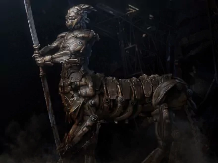 A detailed steampunk centaur warrior with intricate metallic armor and mechanical limbs in a dark, sci-fi industrial setting, presented as an HD PC desktop wallpaper.