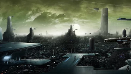 HD desktop wallpaper of a sprawling sci-fi city featuring towering buildings, futuristic architecture, and flying vehicles against a dramatic, cloudy sky.