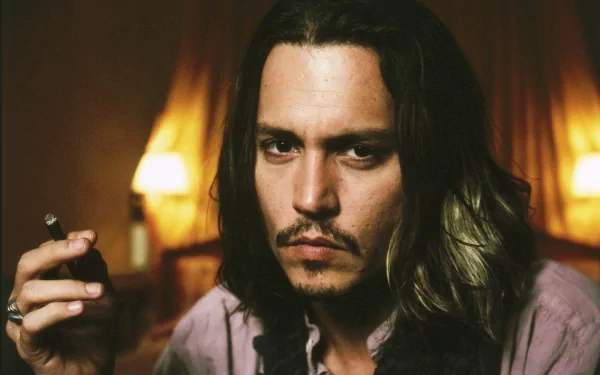 A close-up portrait of Johnny Depp featuring long hair, a moustache, and a cigar. The background suggests a warm, intimate setting, creating a captivating atmosphere.