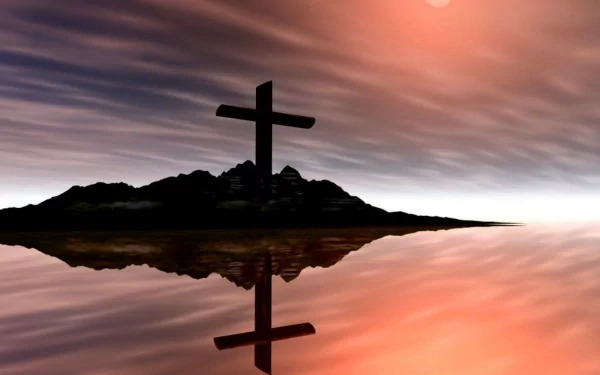 A serene landscape featuring a silhouetted cross on a rocky island, reflected in calm waters beneath a colorful sky, creating a tranquil religious-themed HD wallpaper.