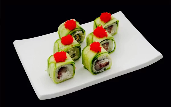 A 4K Ultra HD PC desktop wallpaper featuring a white plate with six neatly arranged sushi rolls topped with bright red roe, set against a black background.