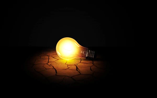 2K Quad HD PC desktop wallpaper showing a man-made light bulb glowing on cracked dry earth, its warm light piercing a dark surrounding background.