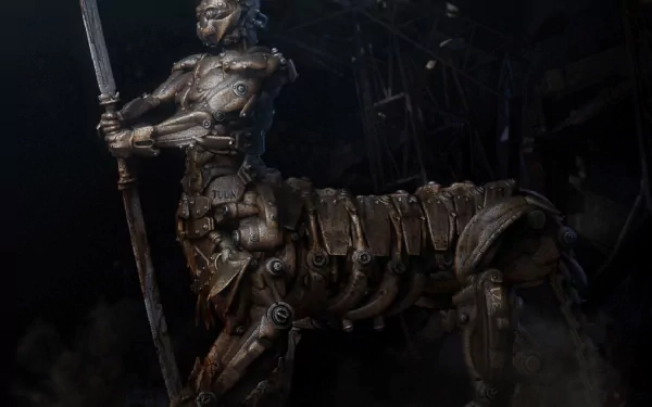 A detailed steampunk centaur warrior with intricate metallic armor and mechanical limbs in a dark, sci-fi industrial setting, presented as an HD PC desktop wallpaper.