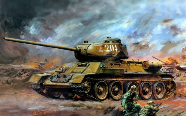 HD military-themed PC desktop wallpaper featuring a detailed illustration of a T-34 tank in action amidst a dramatic battlefield scene.