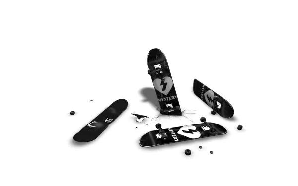 A dynamic HD desktop wallpaper featuring skateboard decks and scattered paint, capturing the spirit of skateboarding and the energy of sports.