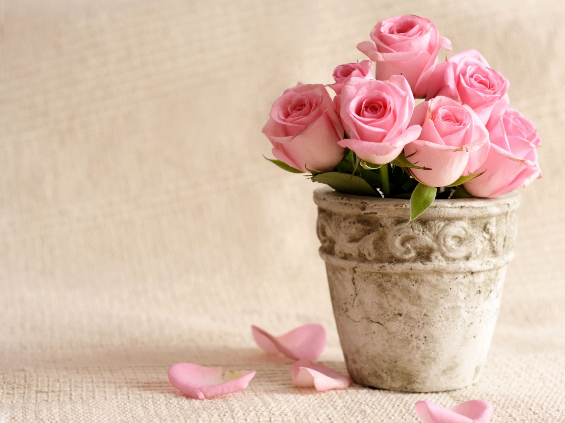 A beautiful arrangement of pink roses in a decorative pot, set against a soft background. This HD desktop wallpaper captures the elegance of these man-made flowers.
