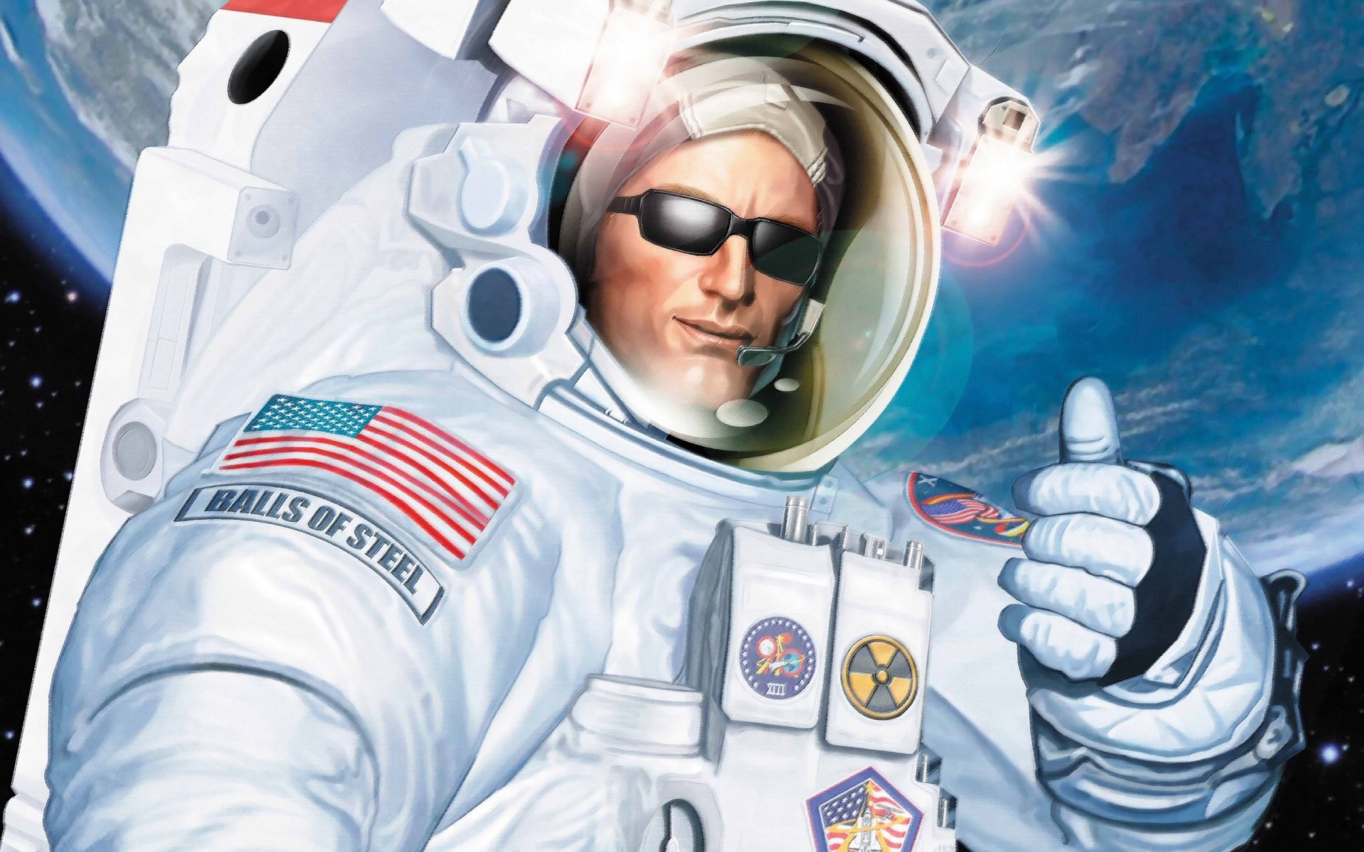 HD PC desktop wallpaper featuring Duke Nukem in a space suit giving a thumbs-up, set against the backdrop of Earth and outer space.