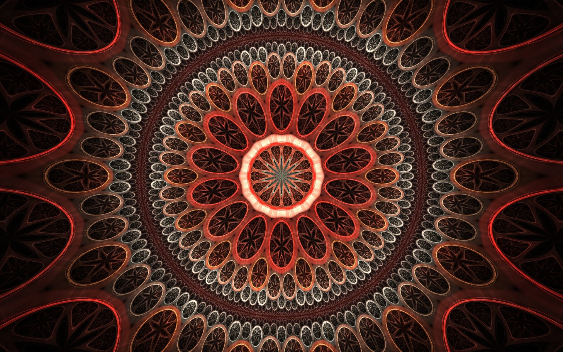 Abstract fractal design with intricate, symmetrical patterns in red and brown hues, creating a mesmerizing HD PC desktop wallpaper and background.
