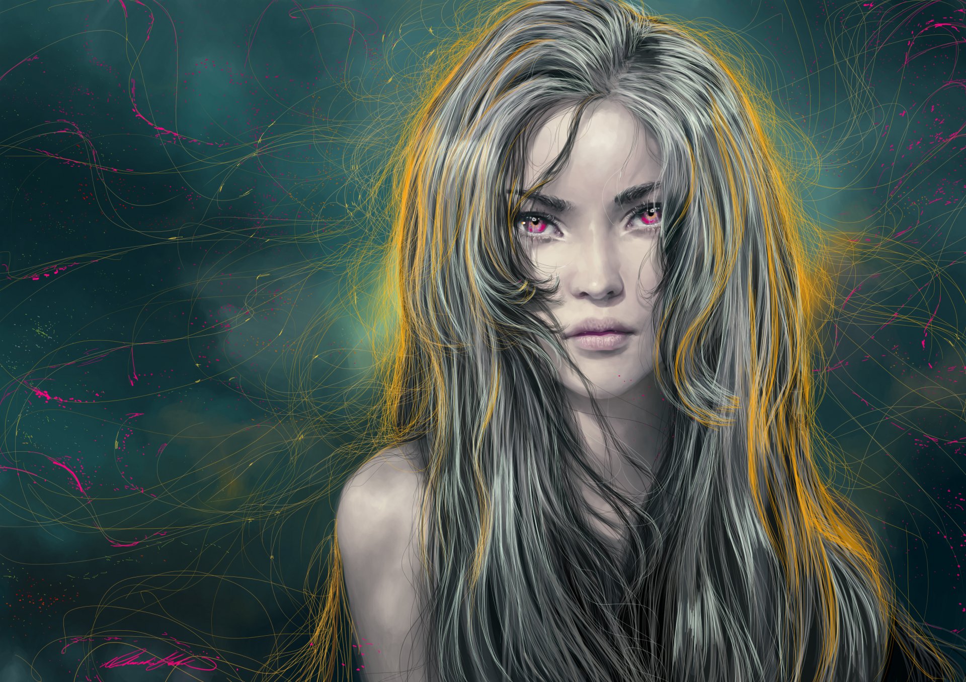 Artistic HD wallpaper featuring a woman with long, flowing hair and striking eyes, set against an abstract, colorful background.