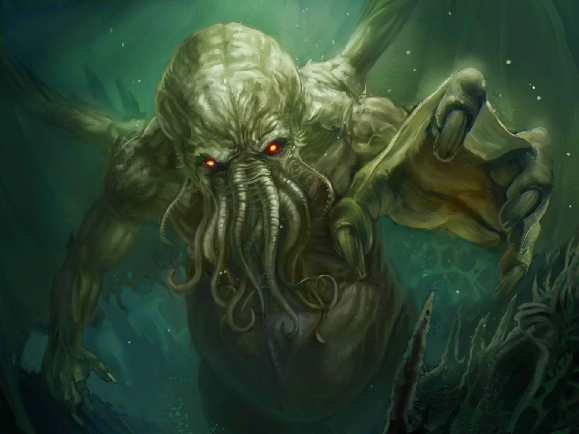 HD desktop wallpaper featuring a fantasy depiction of Cthulhu, a monstrous creature with a tentacled face and glowing red eyes, emerging from an underwater scene.