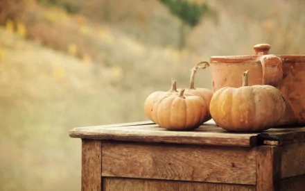 HD desktop wallpaper featuring two pumpkins and rustic kitchenware on a wooden table with a blurred autumnal background.